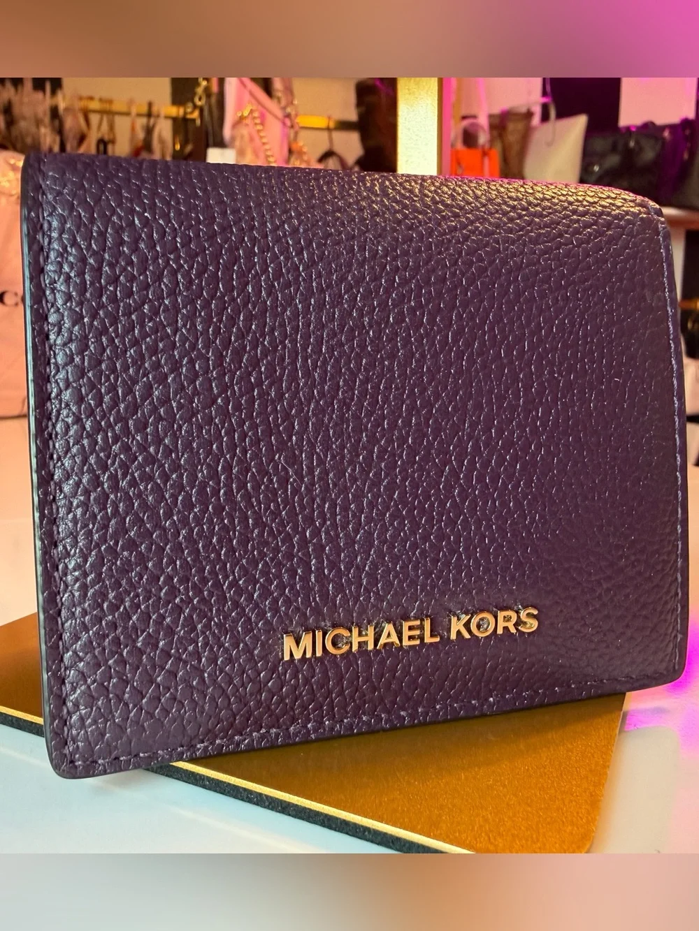 Michael Kors Plum Leather Shoulder Bag with Matching Wallet crossbody gold chain
